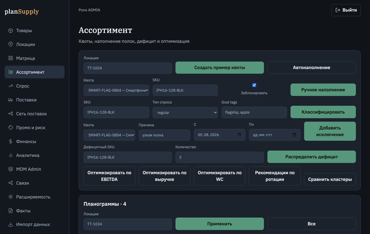 Экран ассортимента PlanSupply: квоты, наполнение полок, планограммы и оптимизация по EBITDA