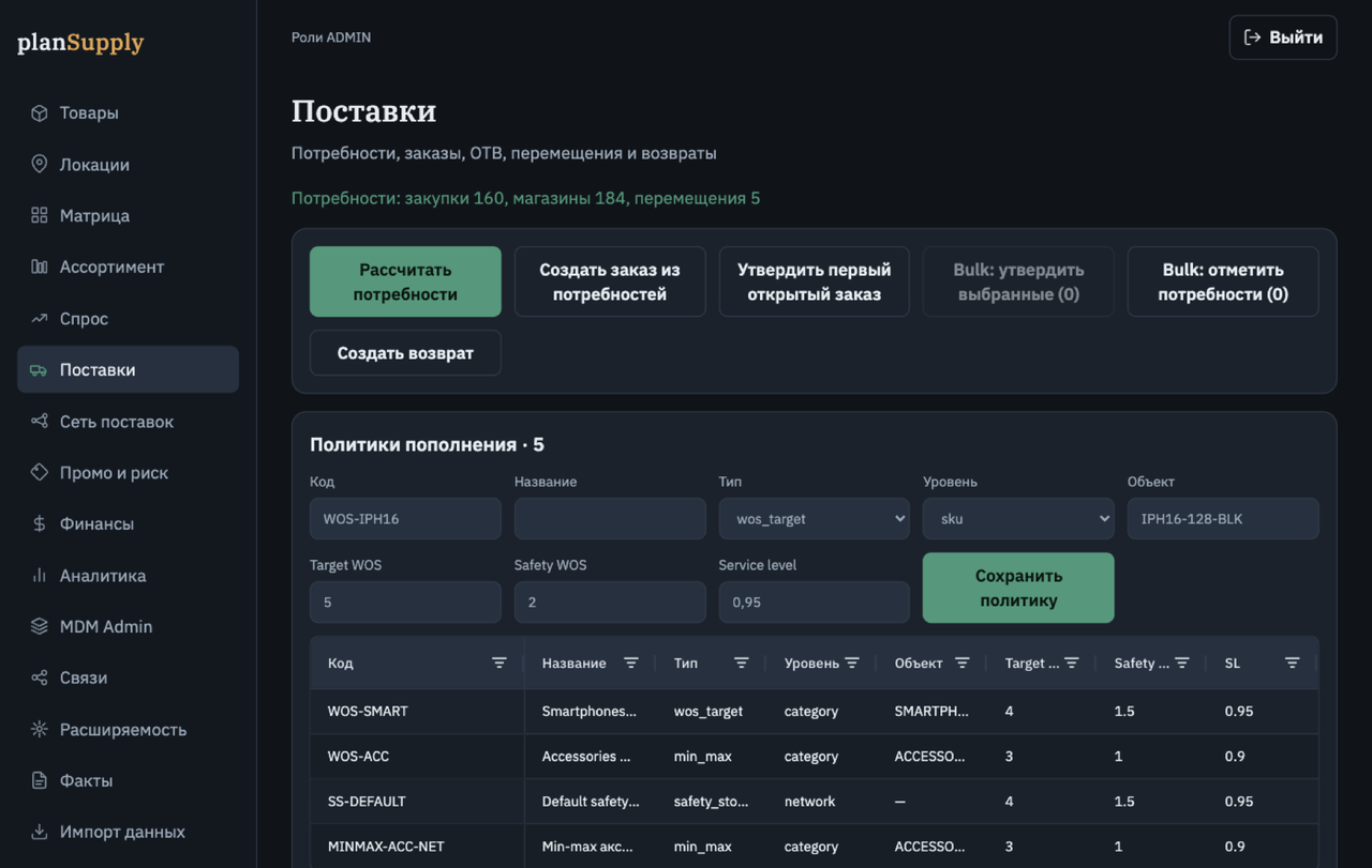 Экран поставок PlanSupply: политики пополнения, расчёт потребностей и заказы